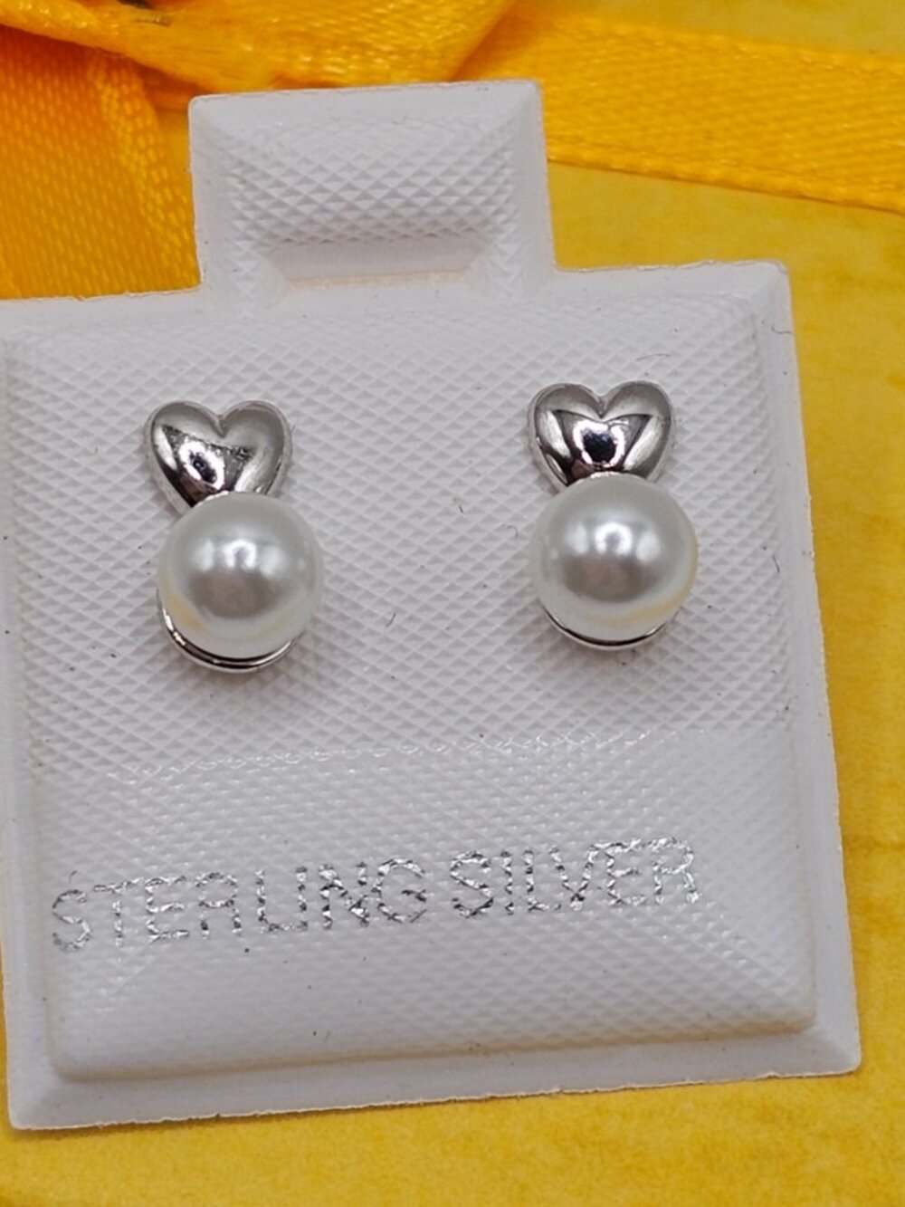 Sterling Silver 925 Rhodium Plated Synthetic Pearl Heart Stud Earrings
